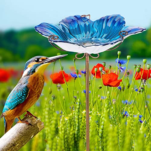 Glass Bird Bath Outdoor Birdfeeder Blue Flower Bowl with Metal Stake
