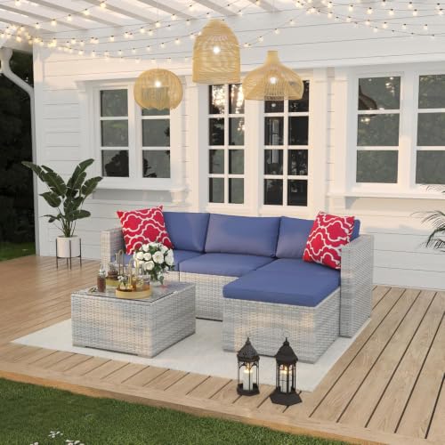 5 Piece Outdoor PE Wicker Patio Sofa Set (Grey/Blue / 5 Pieces)