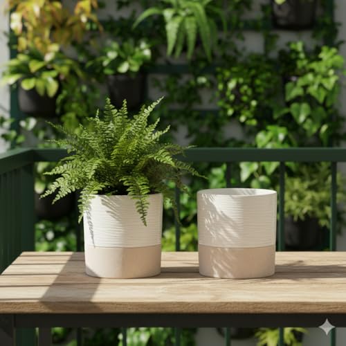 Ceramic Self Watering Plant Pot for Indoor Plants (Cream White & Brown / 4.5"+4.5" Self Watering)
