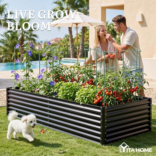 2pcs 8x4x2ft Galvanized Raised Garden Bed with Tomato Cages (Black / 8x4x2ft 2pcs W/ Trellis)