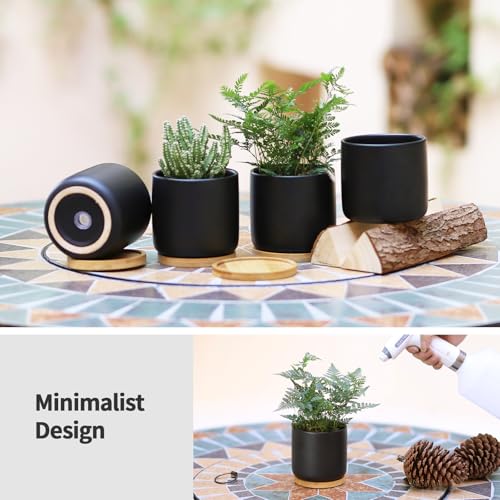 4" Ceramic Plant Pots with Drainage Holes & Trays Black Set of 4 (4 Count)