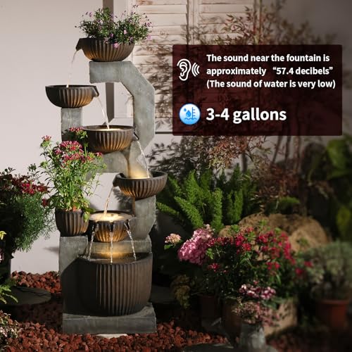 57'' H Tall Large Outdoor Water Fountain with Planter (Grey- 57 Inch)