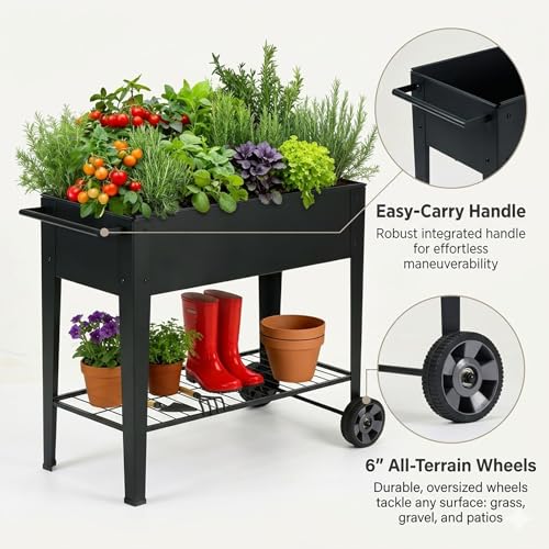 31.5" Tall Elevated Mobile Raised Garden Bed with Wheels and Shelf