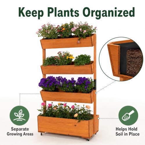 4 Tier Wooden Vertical Raised Garden Bed Outdoor with Wheels (Brown / W33.5× D18× H55in)
