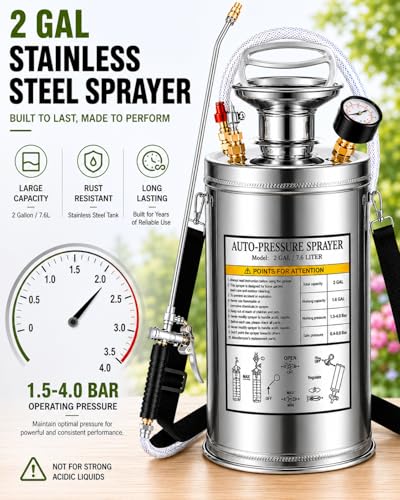 2Gal Stainless Steel Pump Up Sprayer Reinforced Hose