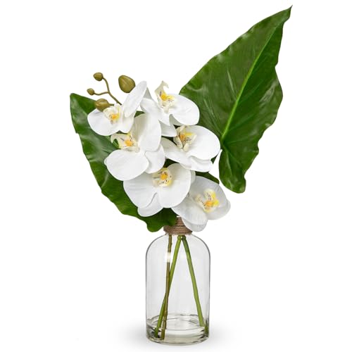 Fake Plant and Faux Orchids in Glass Vase