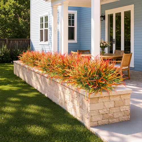28 Bundles Artificial Outdoor Plants UV Resistant Fake Grass Plants Faux Plastic Plants for Home Garden Spring Summer Decor (Green & Red / 28)