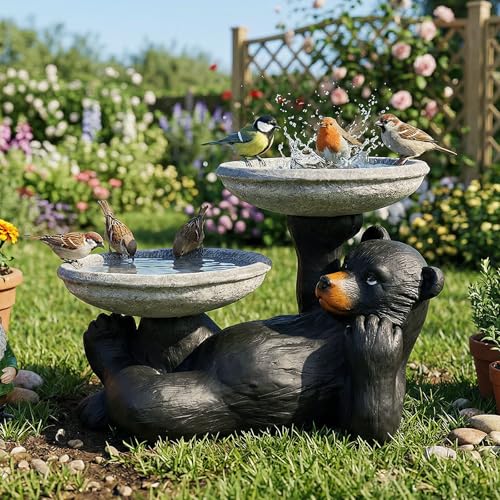 18" Fibre Reinforced Concrete Outdoor Birdbath (18"_bear / Black)