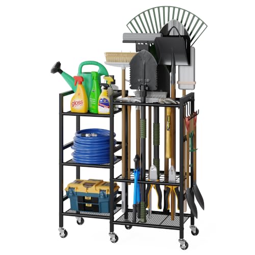 Garden Tool Organizer with 6 Industrial Wheels & Large Hooks (29.5"W*11.8"D*33.5"H-with Wheels)