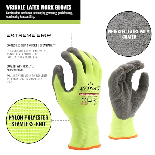12 Pack Safety Performance Series Construction Mechanics Wrinkle Latex Work Gloves