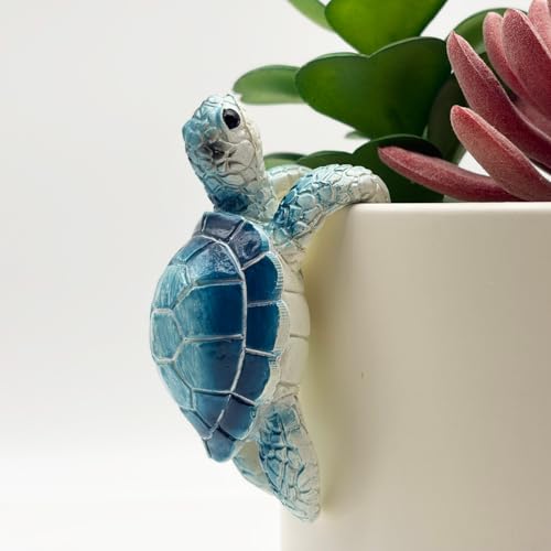 Cute Climbing Blue Sea Turtle Flower Pot Hugger Figurines