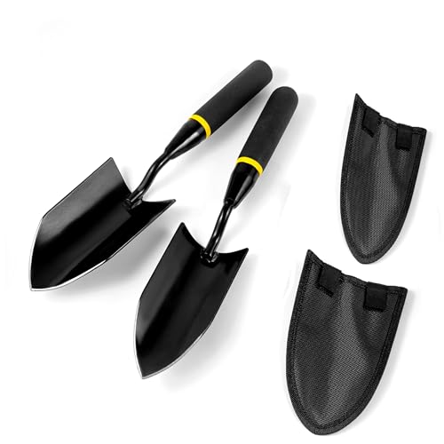 2-in-1 Trowel and Transplanter Gardening Tool Set, Outdoor Hand Tools, with Non-Slip Handle and Protective Blade Covers, Ideal Gardening Gifts for All (Black) (2 Count)