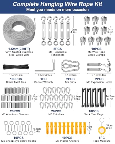 220 FT 1 16" Wire Rope Kit 304 Stainless Steel Cable with M5 Turnbuckles for Cables Wire (220 Foot)