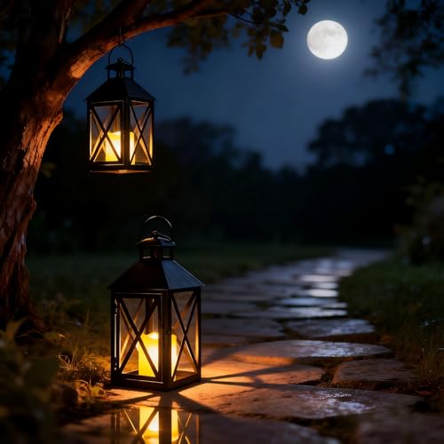 Christmas Lanterns 2 Pack 12'' Black Metal with Candle Holiday Decor