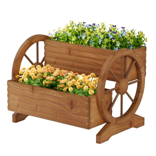Wood Wagon Planter for outdoor Plants Cute Garden Flower Pots Cart Porch (Brown-large)