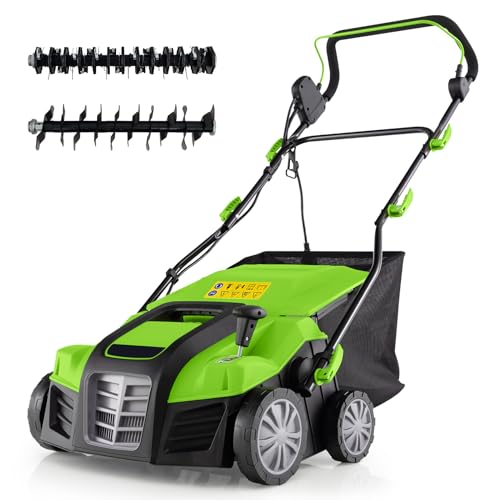 2-in-1 Scarifier and Lawn Dethatcher, 16-Inch 15A Corded Electric Dethatcher w/ 14.5-Gal Collection Bag, 3-Position Height Adjustment & 5-Position Depth Adjustment, for Grass Garden Yard