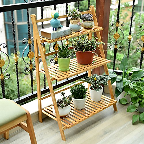 Bamboo Ladder Plant Stand 3 Tier Foldable Flower Pot Display Shelf
