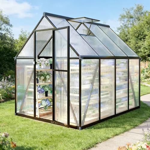 6 x 8 FT Polycarbonate Greenhouse with Roof Vent (Charcoal Black / 6×8FT)