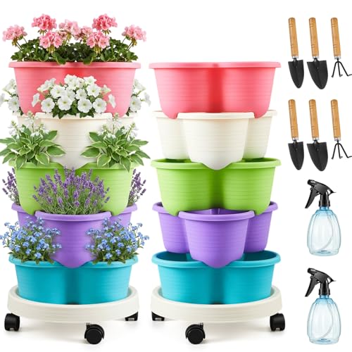 2 Set Multicolor 5 Tier Stackable Vertical Planters with Removable Wheels and Tools Tower Planters Herb Flower Strawberry Vegetable Pots Indoor Outdoor Gardening Pots (5 Tier / Multicolor)