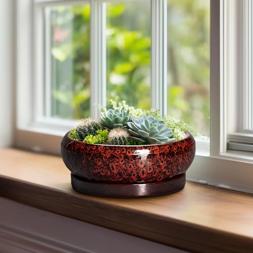 Bonsai Pots 8 Inch Ceramic Succulent Planters for Indoor Outdoor (8 Inch / Leopard Red)