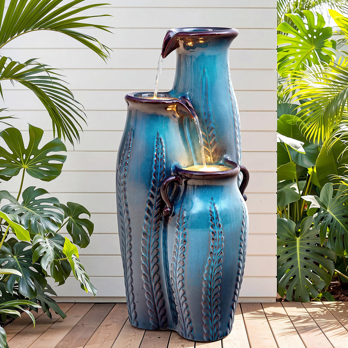 30" Ceramic Vase Water Fountain Outdoor with LED Lights (Turquoise Cascading Vase 29.5"h)