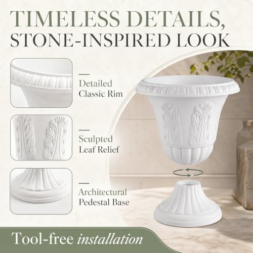 4 Pcs White 14.6 x 16.1 Inches Plastic Urn Planter Classic Flower Pots Front Porch Planters Indoor Outdoor Planters with Pedestal for Wedding Party Bridal Shower Garden Patio Porch (14.6 x 16.1 Inches / White)