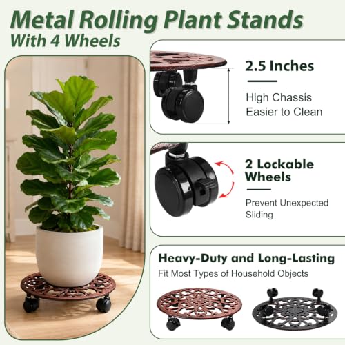 2 Pack 14 In Rolling Plant Stand with Wheels Metal Plant Caddy with Wheels (14 inch: 2 pcs / Antique Bronze)