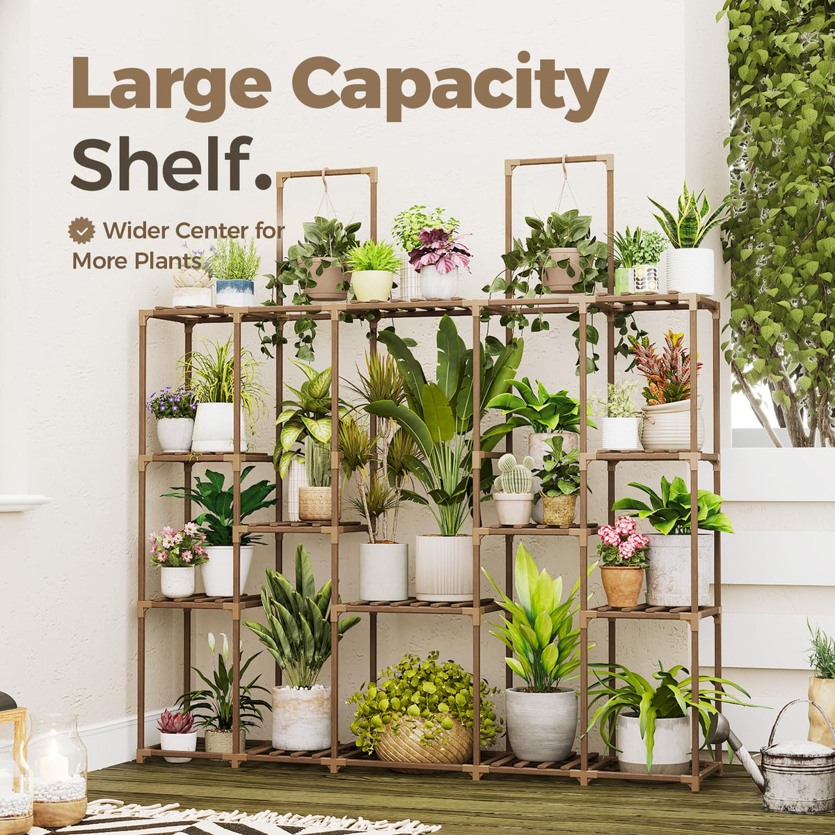 Large Plant Shelf Plant Stand Indoor 62.2" Tall Outdoor Plant Holder Wood for Multiple Plants Hanging Plant Rack for Living Room Garden Balcony