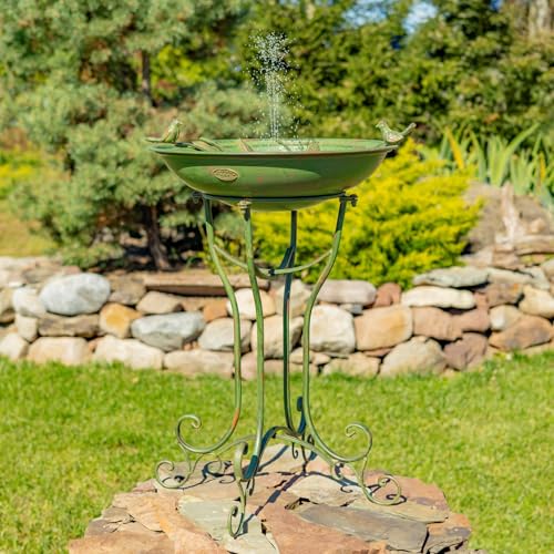 Deep Well Made Metal Birdbath with 2 Cast Iron Birds and Leaf Decoration (Verdi Green)