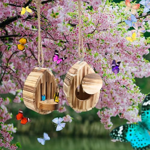 Butterfly House Wooden Habitat Natural Nesting Box Garden House with Feeder Hanging for Bee Butterfly Ladybirds for Garden Outside