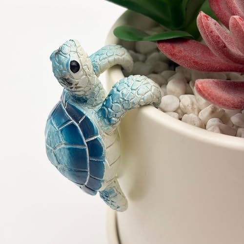 Cute Climbing Blue Sea Turtle Flower Pot Hugger Figurines