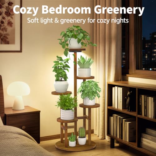 Wood Small Plant Stand Table Indoor Tall with Lights (Natural Brown with Light / 5 Tier)
