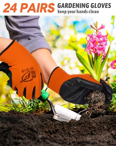 24 Pairs Gardening Gloves for Men Women Rubber Coated Landscaping Work Gloves Safety Work Construction (24 Count)