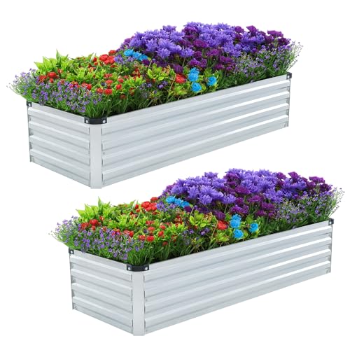 2 Pack 4x2x1FT Galvanized Raised Garden Beds Kit Outdoor Metal Gardening Planter Box for Vegetable Elevated Flower Herbs (2 Count)
