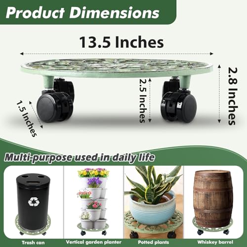 3 Packs 14 Inch Rolling Plant Stand with Wheels Metal Plant Caddy with Wheels Heavy Duty Round Plant Stand Indoor Iron Plants Rollers for Plants (14 inch: 3 pcs / Retro Green)