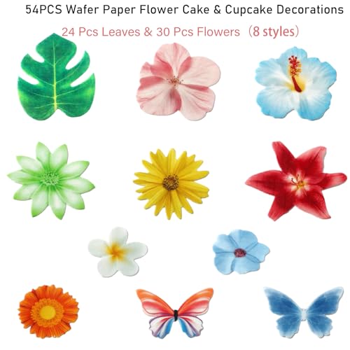 54 Pcs Edible Flowers Cupcake Cake Toppers Decorations Wafer Paper Green Leaf & Tropical Flower for for Hawaiian Birthday Tropical Luau Summer Party Wedding (Pink & Purple & Orange & Green)