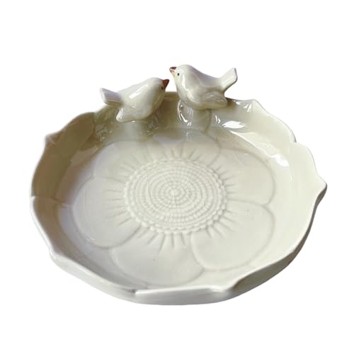 Ceramic Heavy Duty Ground Wild Bird Bath Bowl or Feeder for Outdoor Garden (Beige (glossy))
