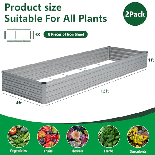 2PCS 12x4x1ft Galvanized Raised Garden Beds Kit (2 Count)