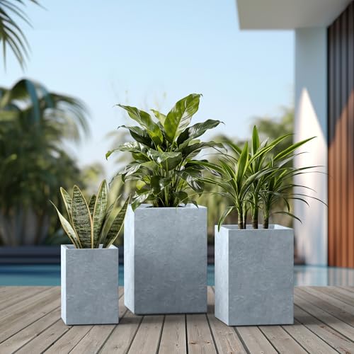 Set of 3 Blue Gray Concrete Tall Planters 13" 11" 9" Dia (Slate Gray / 18.5" H, 15.7" H, 12.6" H)