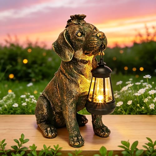 Garden Statue Dog Figurine Decor with Solar Lights 11in Outdoor Decoration (Bronze - Dog with Lantern)