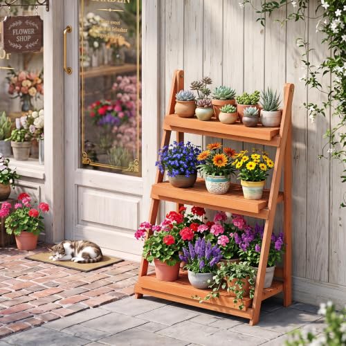 Foldable Wooden Plant Stand (Orange / 24"x13"x37")
