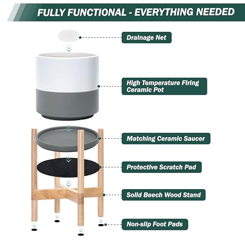 Ceramic Pot with Natural Wood Stand (14 Inch / White/Grey Pot + Natural Stand)