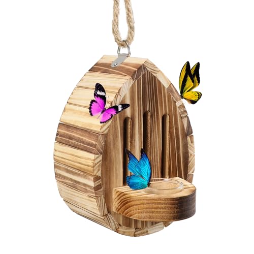 Butterfly House Wooden Habitat Natural Nesting Box Garden House with Feeder Hanging for Bee Butterfly Ladybirds for Garden Outside