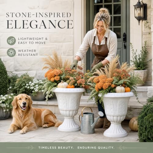 4 Pcs White 14.6 x 16.1 Inches Plastic Urn Planter Classic Flower Pots Front Porch Planters Indoor Outdoor Planters with Pedestal for Wedding Party Bridal Shower Garden Patio Porch (14.6 x 16.1 Inches / White)