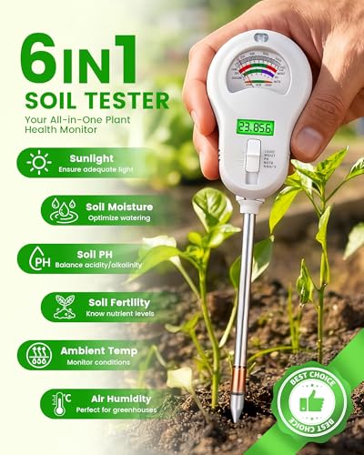 6-in-1 Soil Moisture Meter with 3 Probes, PH/Sunlight/Soil Moisture/Fertility with 3 Removable Probe, Digital Air Temp/Humidity, Soil Tester for Garden, Lawn, Indoor and Outdoor Plants (3 Count)