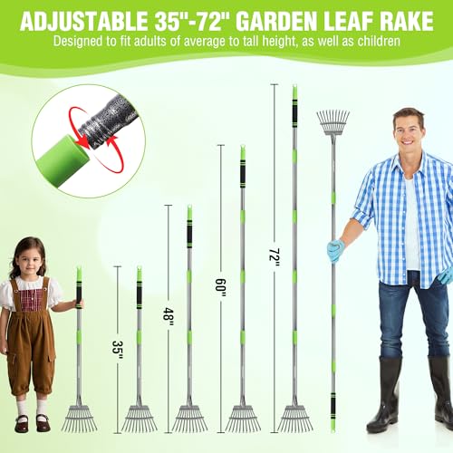 Rake Small Rake for Leaves with 72” Adjustable Long Handle