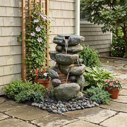 29H Realistic Rock Cascading Outdoor Water Fountain with 4 Tiers (28.6H / Gray-4025)