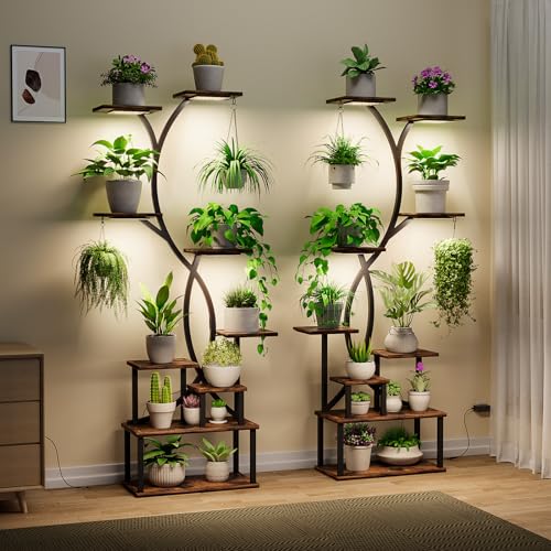 Plant Stand Indoor with Grow Lights 9 Tiered Wood Plant Shelf 62" Tall Plant Stand Metal Frame for Indoor Plants Multiple Flower Pot Holder (2 Count)