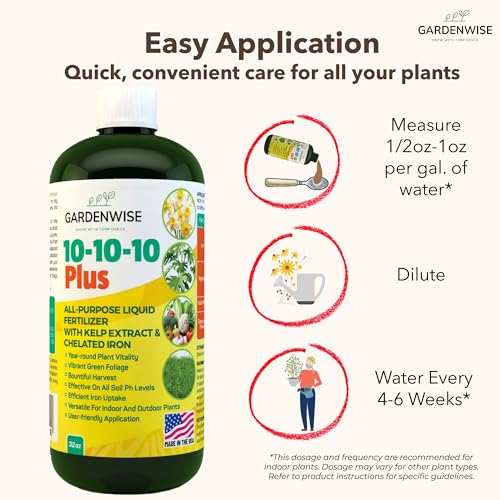 10-10-10 All Purpose Plant Food - Liquid Fertilizer with Seaweed Kelp & Iron - Indoor & Outdoor Plant Food, Vegetables, Flowers, Lawn & Garden 1x32oz (32 Ounce)