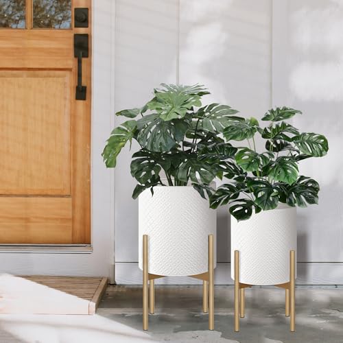 Planters for Indoor Plants Set of 2 Modern Metal Planter with Stand (Cream White / 8"&10")